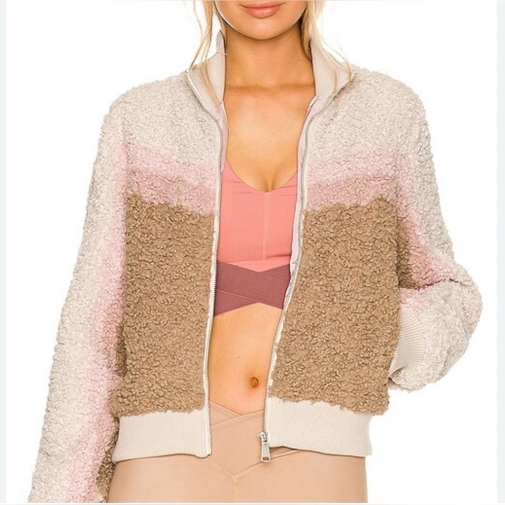 Spiritual Gangster Sherpa Stripe Fuzzy Bomber Crop Jacket - Picture 2 of 10